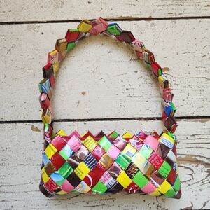 Upcycled Candy Wrapper Purse Handmade Woven Shoulder Bag Colorful Eco Y2K